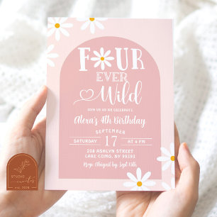 Pink Boho Arch Daisy Fourever Wild Birthday Invitation