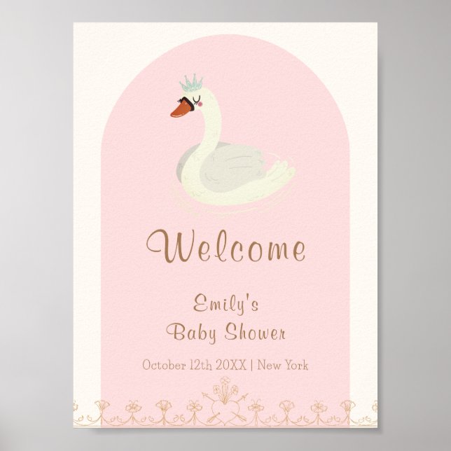Pink Boho Arch Princess Swan Baby Shower Welcome Poster (Front)