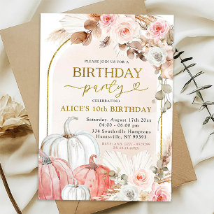 Pink Boho Arch Wild Pumpkin Fall Birthday Party Invitation