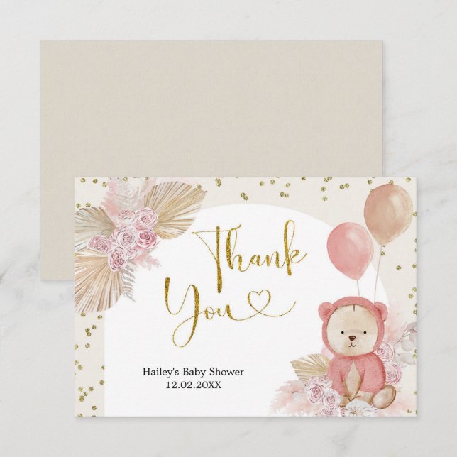 Pink Boho Bear Baby Shower Thank You Card (Front/Back)