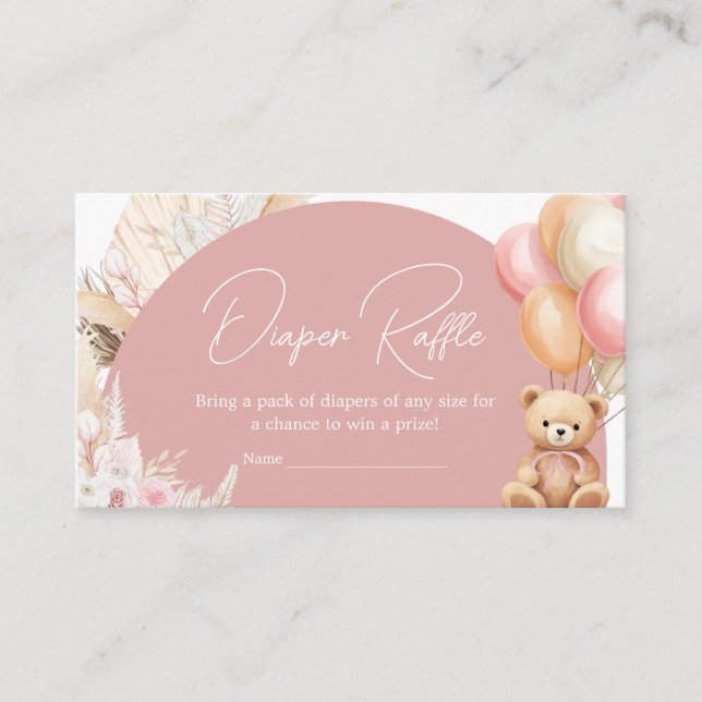 Pink Boho Bear Balloon Baby Shower Diaper Raffle Enclosure Card (Front)