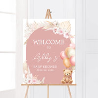 Pink Boho Bear Balloon Baby Shower Welcome