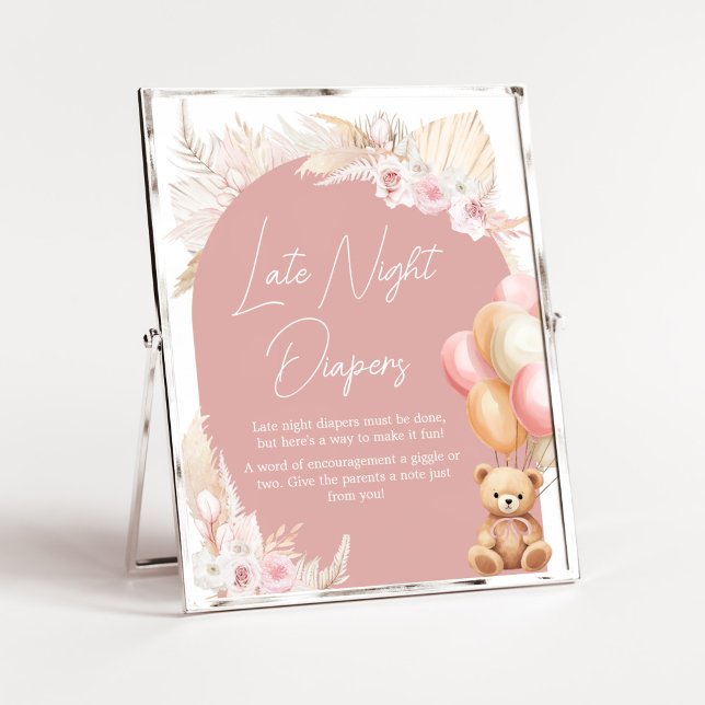 Pink Boho Bear Balloon Late Night Diapers Poster (We Can Bearly Wait Baby Shower Late Night Diapers Sign)