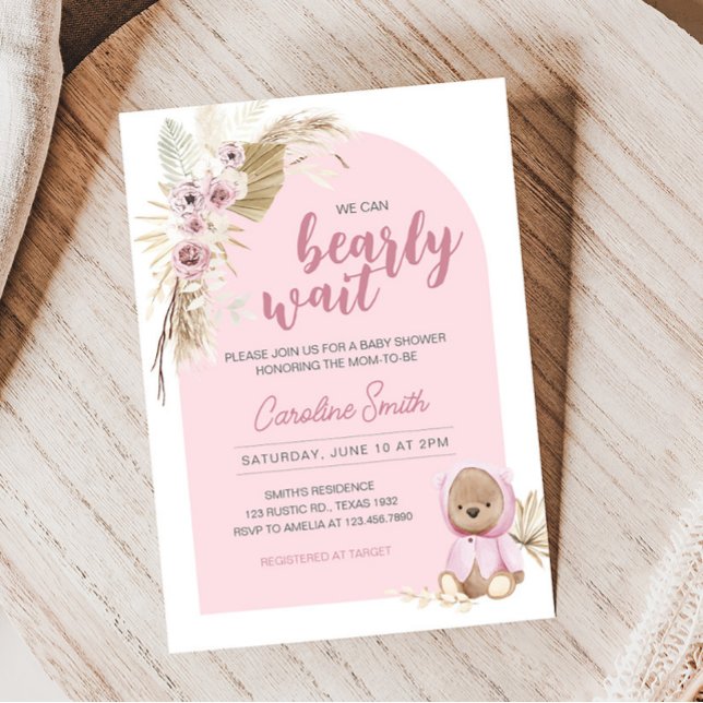 Pink Boho Bearly Wait Baby Shower  Invitation (Pink Rustic Teddy Bear Baby Shower Invitation)