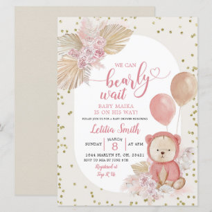 Pink Boho Bearly Wait Girl Baby Shower Invitation