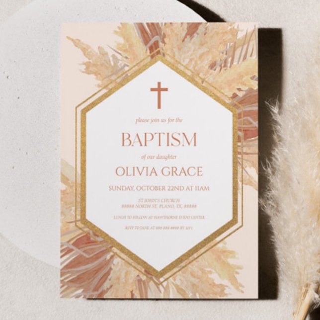 Pink Boho Bohemian Floral Flower Frame Baptism Invitation (Creator Uploaded)