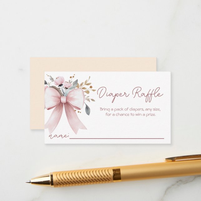 Pink Boho Bow Girl Baby Shower Diaper Raffle Enclosure Card (Front/Back In Situ)