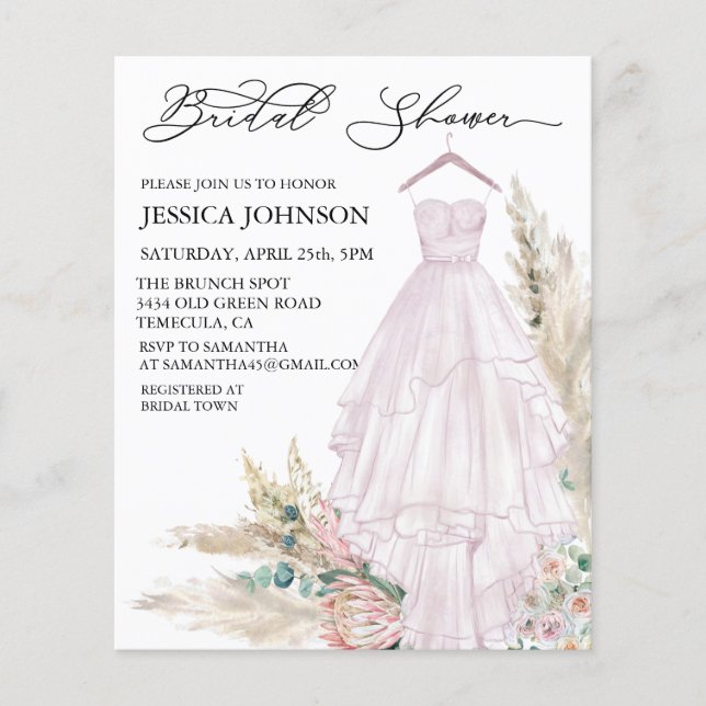 Pink Boho Bridal Shower Wedding Dress Watercolor (Front)