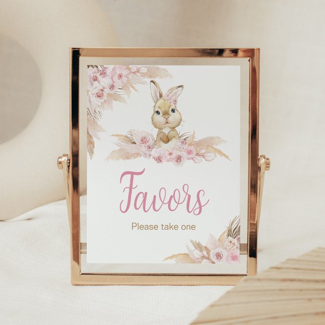 Pink Boho Bunny Baby Shower Favours Poster (Pampas Grass Girl Bunny Baby Shower Favors Sign)