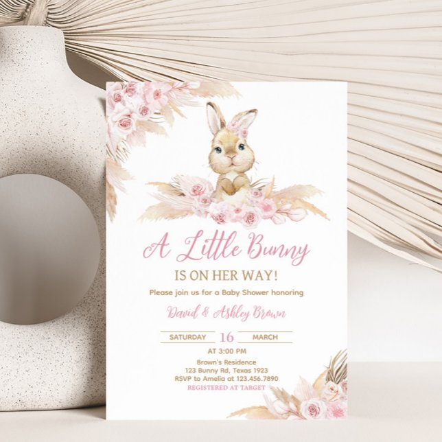 Pink Boho Bunny Baby Shower Invitation (Pampas Grass Girl Bunny Baby Shower Invitation)
