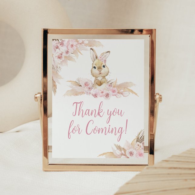 Pink Boho Bunny Baby Shower Thank you for Coming Poster (Pampas Grass Girl Bunny Baby Shower Thank you for Coming Sign)