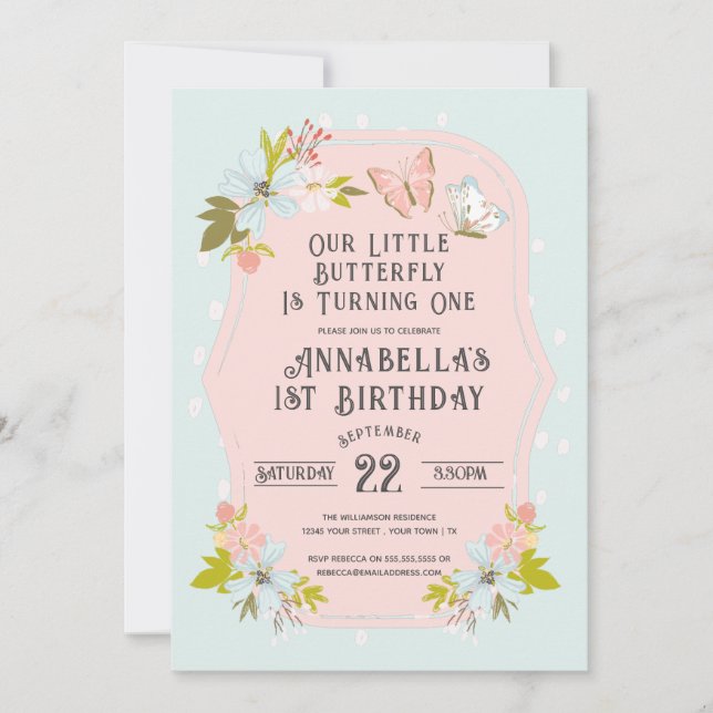Pink Boho Butterfly 1st Birthday Party  Invitation (Front)