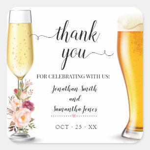 Pink boho chic bubbles and brews Thank you wedding Square Sticker