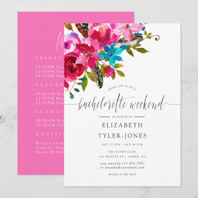 Pink Boho Chic Floral Bachelorette Weekend Agenda Invitation (Front/Back)