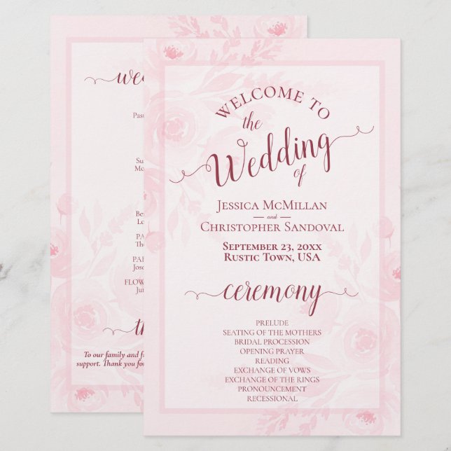 Pink Boho Chic Peonies Budget Wedding Program (Front/Back)