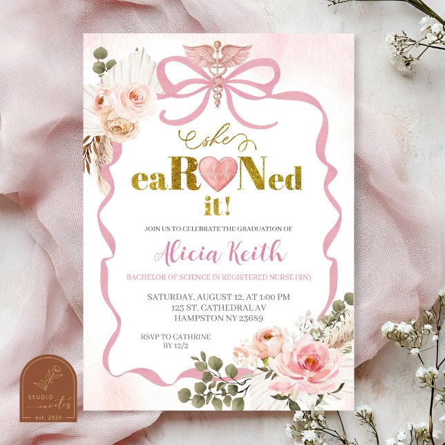 Pink Boho Coquette Pampas Grass She eaRNed it grad Invitation (Creator Uploaded)