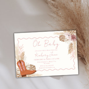 Pink Boho Cowgirl Boots Pampas Grass Baby Shower Invitation