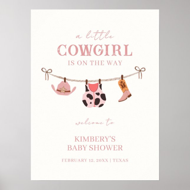 Pink Boho Cowgirl clothesline Baby Shower Welcome  Poster (Front)