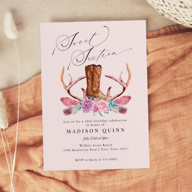 Pink Boho Cowgirl Sweet Sixteen Birthday Invitation (Creator Uploaded)