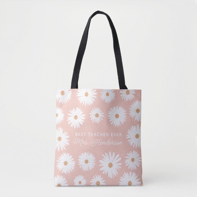 Pink Boho Daisy Best Teacher Ever Tote Bag (Front)