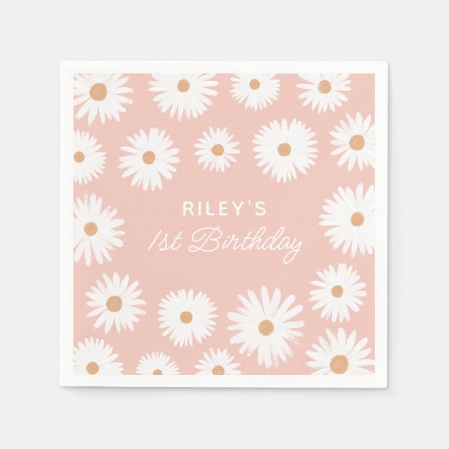 Pink Boho Daisy Birthday Part Napkin (Front)