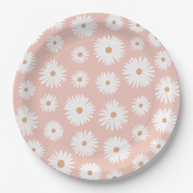 Pink Boho Daisy Floral Girl Baby Shower Paper Plate (Front)