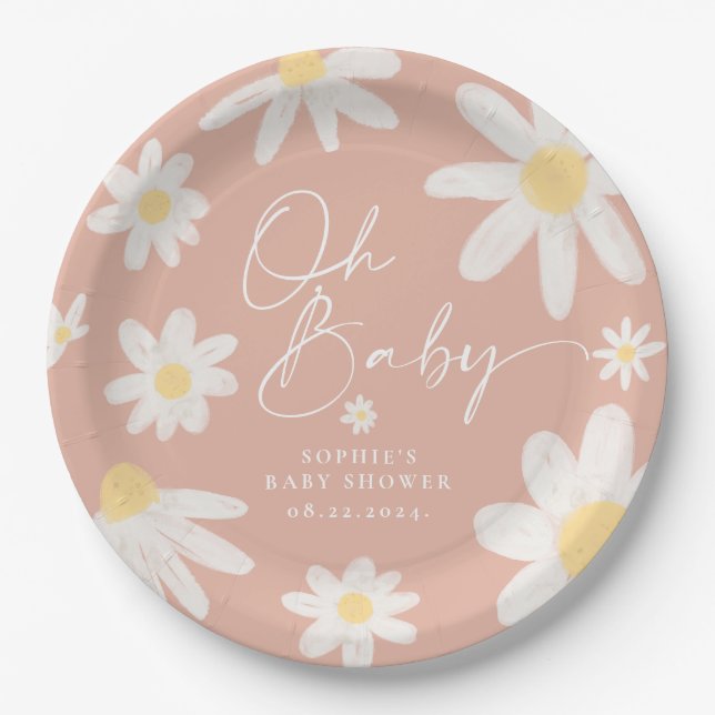 Pink Boho Daisy Flower Paper Plates (Front)