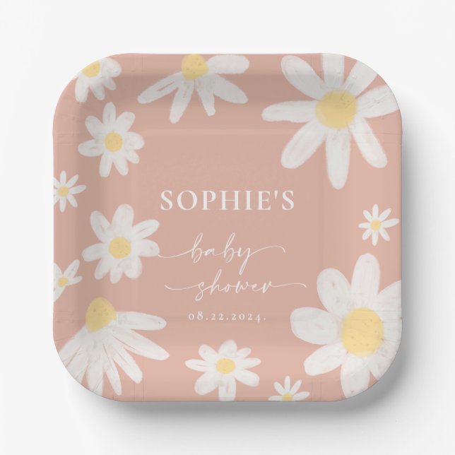 Pink Boho Daisy Flower Paper Plates (Front)