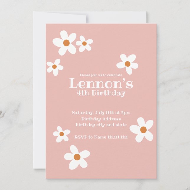 Pink Boho Daisy Girl Birthday Party  Invitation (Front)