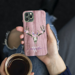 Pink Boho Deer Skull Floral Monogram Chic Case-Mate iPhone Case
