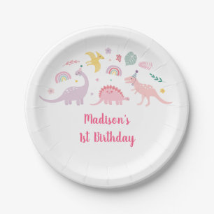 Pink Boho Dinosaur Birthday Paper Plate