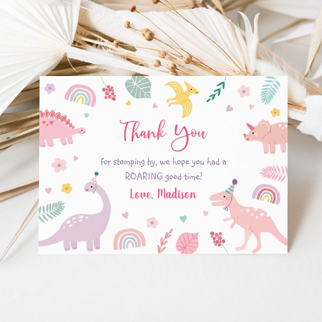 Pink Boho Dinosaur Birthday Thank You Card (Creator Uploaded)