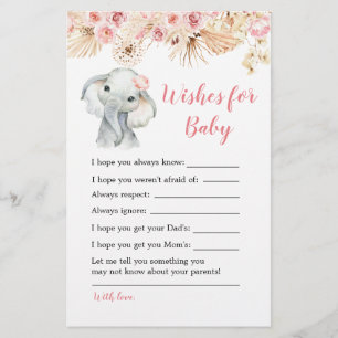 Pink Boho Elephant Baby Shower Wishes for Baby