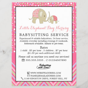 Pink Boho Elephant, Babysitter, Daycare, Nursery Flyer