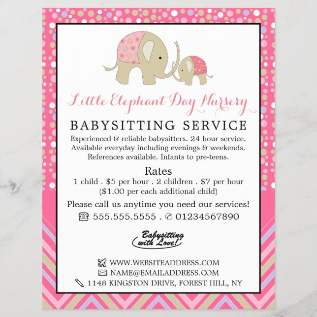 Pink Boho Elephant, Babysitter, Daycare, Nursery Flyer (Front)