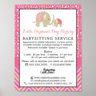 Pink Boho Elephant, Babysitter, Daycare, Nursery Poster