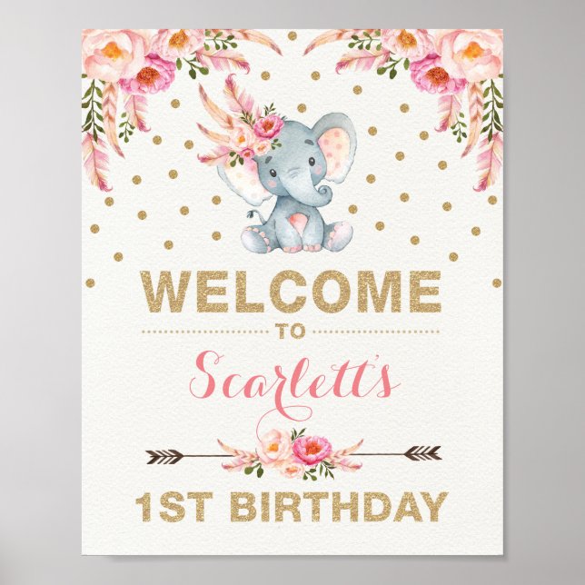 Pink Boho Elephant First Birthday Welcome Sign (Front)
