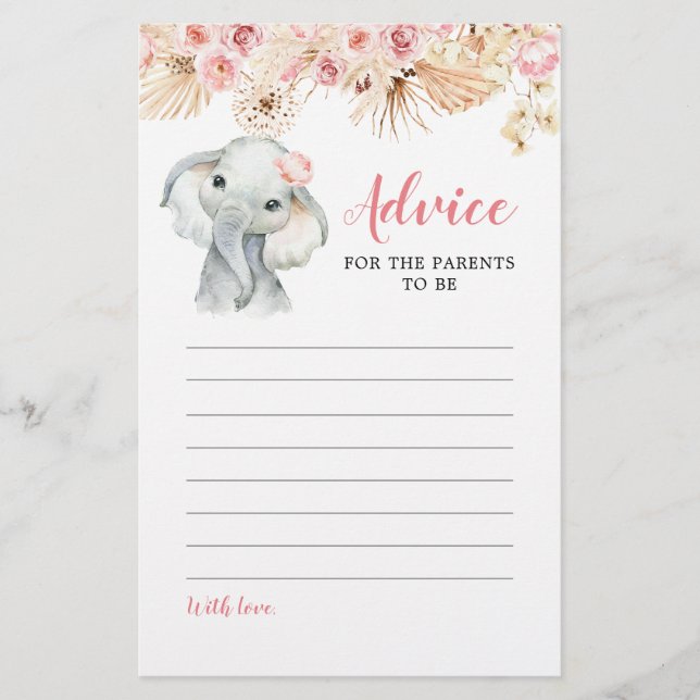 Pink Boho Elephant Girl Baby Shower Advice Card (Front)