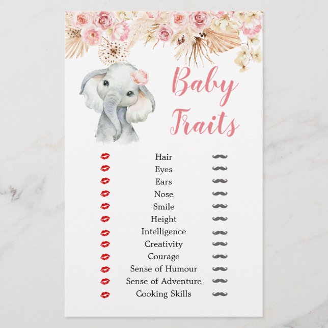 Pink Boho Elephant Girl Baby Shower Baby Traits (Front)