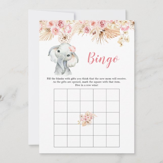 Pink Boho Elephant Girl Baby Shower Bingo Game Invitation (Front)