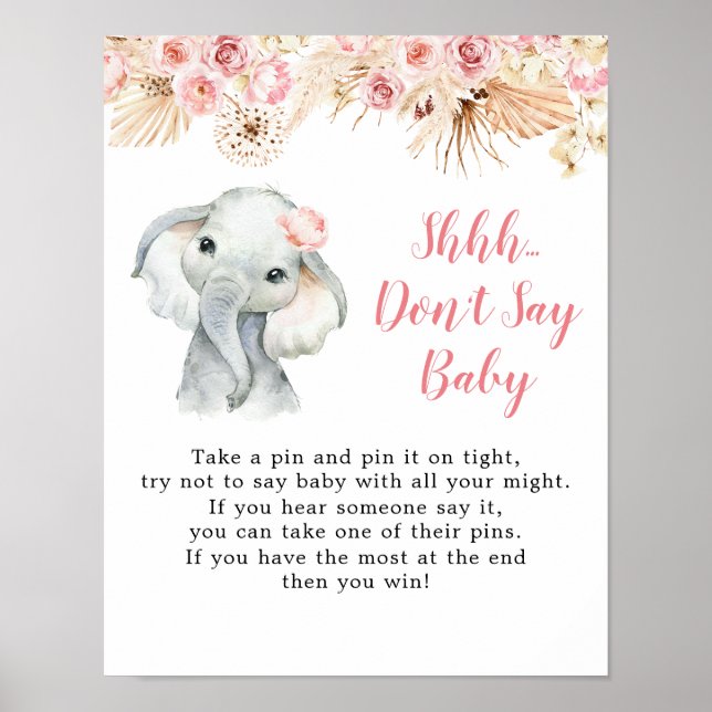 Pink Boho Elephant Girl Baby Shower Don't Say Baby Poster (Front)