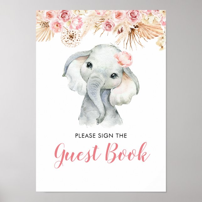 Pink Boho Elephant Girl Baby Shower Guest Book (Front)