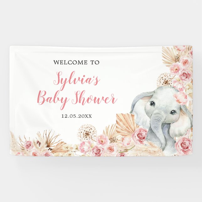 Pink Boho Elephant Girl Baby Shower Large Banner (Horizontal)