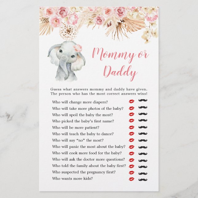 Pink Boho Elephant Girl Baby Shower Mummy or Daddy (Front)