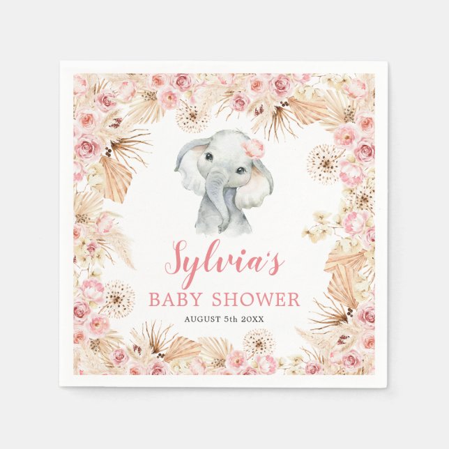 Pink Boho Elephant Girl Baby Shower Paper Napkin (Front)