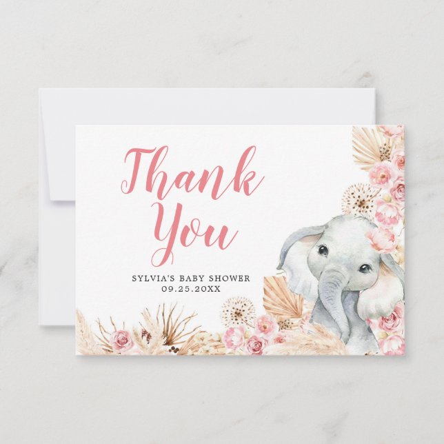 Pink Boho Elephant Girl Baby Shower Thank You Card (Front)
