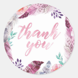 Pink Boho Feather Thank you stickers