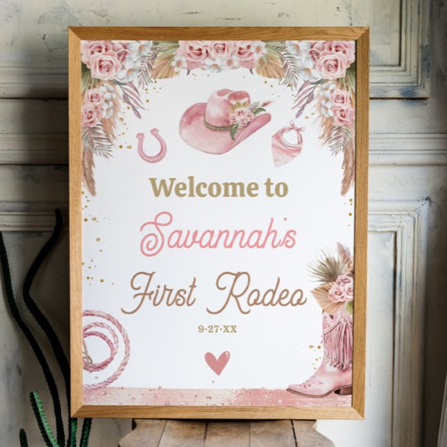 Pink Boho First Rodeo 1st Birthday 18x24 Welcome Poster (Pink Boho First Rodeo 1st Birthday 18x24 Welcome Sign Poster)