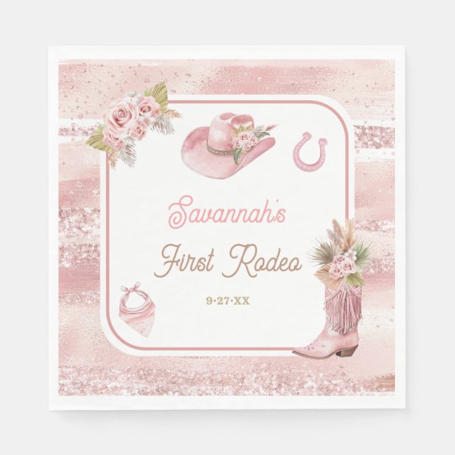 Pink Boho First Rodeo 1st Birthday Napkin (Front)