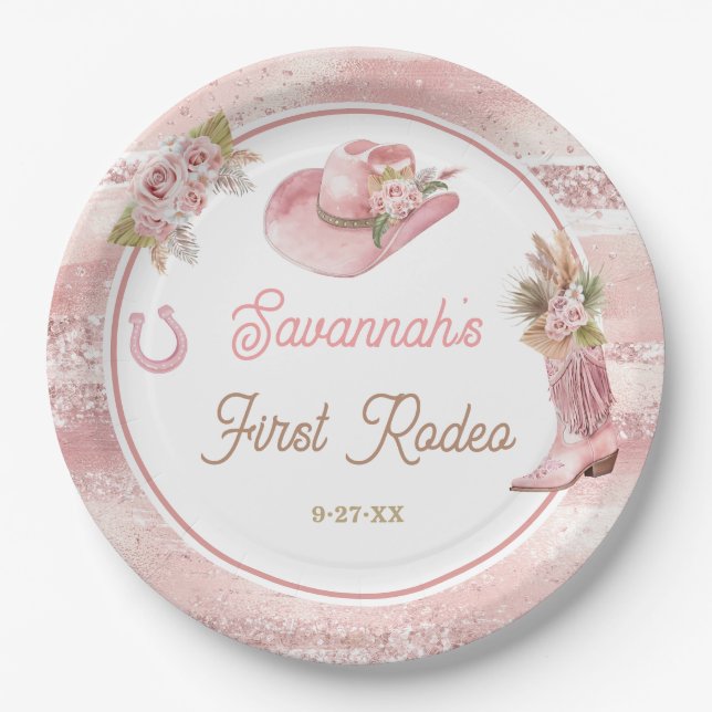 Pink Boho First Rodeo 1st Birthday Paper Plate (Front)